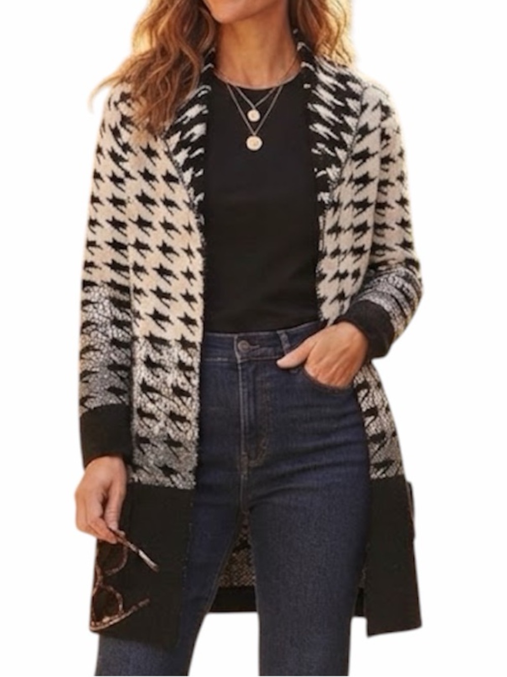 FRESH FX Black White Houndstooth Geo Print Coatigan Sweater Coat Pockets Medium